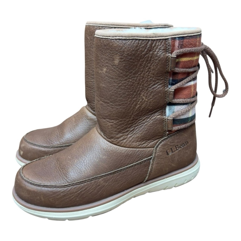 L.L. Bean women size 7 Brown Leather Boots with Plaid Accent